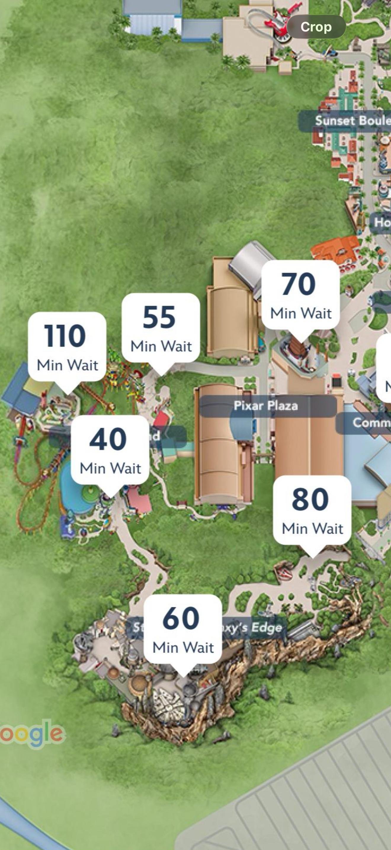Captura do app oficial da Disney mostrando filas reais